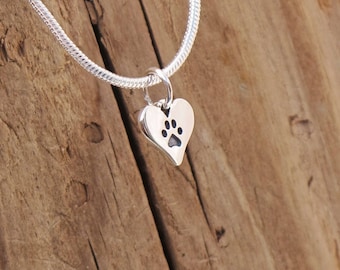 Sterling Silver Tiny Dog Cat Paw Print Heart Charm Pendant Necklace Animal Lover Boxed
