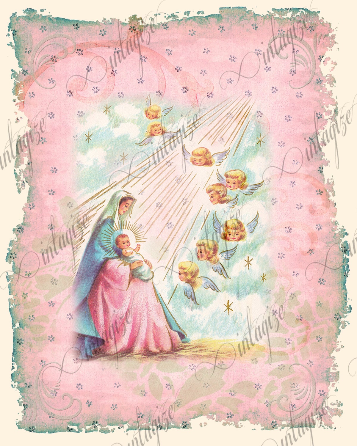 Christmas Card Printable Religious Shabby Chic Vintage