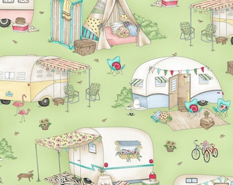 Green Retro Camper Quilt Fabric, Travel Trailer, Glamping, RV, Maywood Studio Roam Sweet Home, MAS8220 G, Glamour Trailers, Cotton