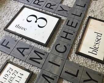Custom Scrabble Wall Art & Farmhouse Style Wood Signs - pricing in "description" section - please request shipping quote. Thank you!