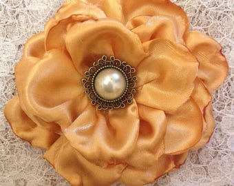 Satin Flower Brooch / Hair Accessory Gold / Burnt Orange Handmade 8cm