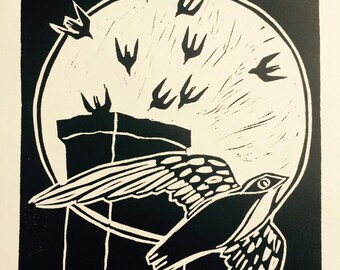 Full Moon Chimney Swifts- Hand Pressed Linoleum Print- Jenn Rawling