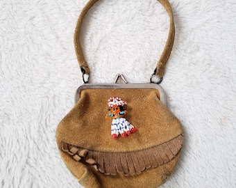 Vintage BLOOM BROTHERS suede leather fringe small change purse seed bead doll USA