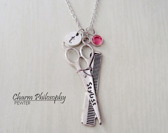 Stylist Necklace or Keychain - Hairdresser Jewelry - Scissors and Comb Charm - Antique Silver Jewelry - Personalized Initial and Birthstone