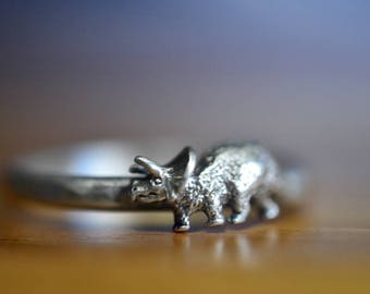 Silver Triceratops Ring, Silver Dinosaur Ring, Sterling Silver Ring, Personalized Gift, Custom Engraving, Cretaceous Era Prehistoric Jewelry