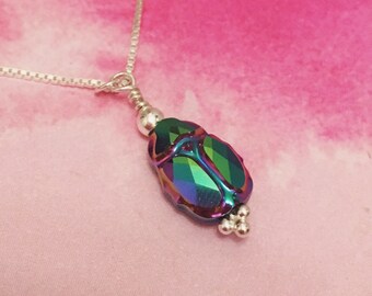 Swarovski crystal scarab beetle pendant sterling silver necklace