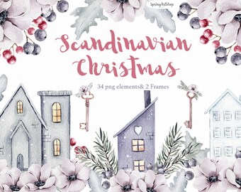 Scandinavian Christmas Clipart Winter watercolor houses Wreath watercolor winter anemone tree Keys clipart winter bouquet flower Winter card