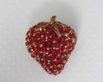 Vintage Ruby Rhinestone Strawberry Brooch