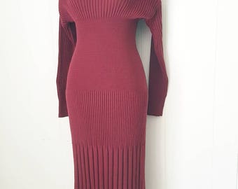 90s Carole Little Burgundy Textured Knit Sweater Dress