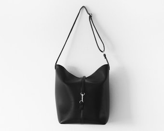 Black vegan leather bucket tote bag