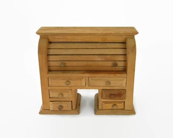 Miniature Roll Top Desk Solid Wood Dollhouse Furniture Library Desk