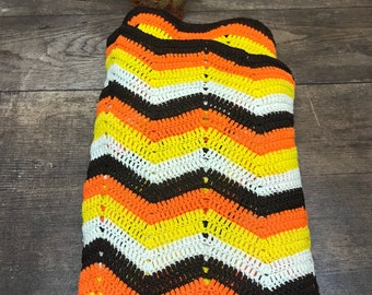 Vintage Afghan Blanket Throw Orange Brown Goldenrod Retro