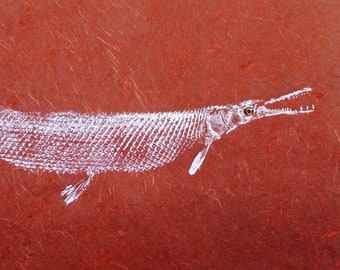 ORIGINAL Alligator GAR real GYOTAKU ( Fish Rubbing ) on Deep Red hand made Paper Lake Art Decor by Barry Singer