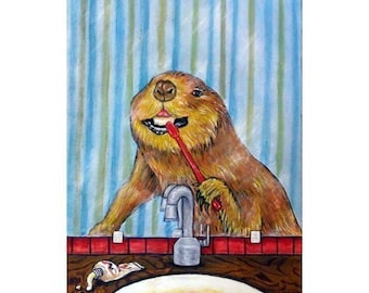 Beaver Brushing Teeth Animal Art Print