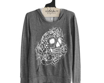 Womens S or M - Hooded Sweatshirt SOFT Pullover Hoodie Charcoal with Sugar Skull Screen print
