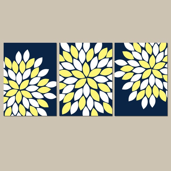 Navy Yellow Flower Wall Art Flower Bedroom Pictures CANVAS