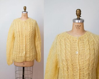 1960s Mohair Sweater / 60s Yellow Wool Cardigan