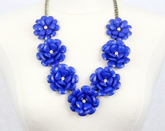 Beaded Rose Necklace Chunky Flower Statement Necklace Royal Blue