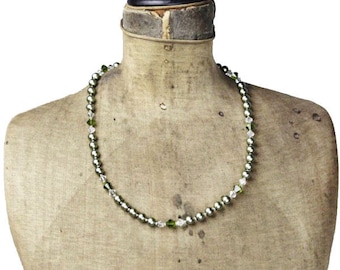 Vintage Green Glass Bead Necklace, Green Bead and Crystal Necklace, Green Bead Necklace, Long Green Necklace