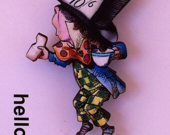 Mad Hatter Alice in Wonderland lasercut plywood brooch.