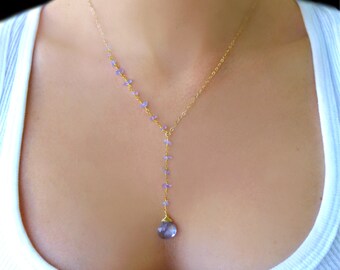 Tanzanite Necklace, December Birthstone Necklace, Tanzanite Jewelry, Tear Drop Pendant, Gold Y Gemstone Necklace For Women Handmade