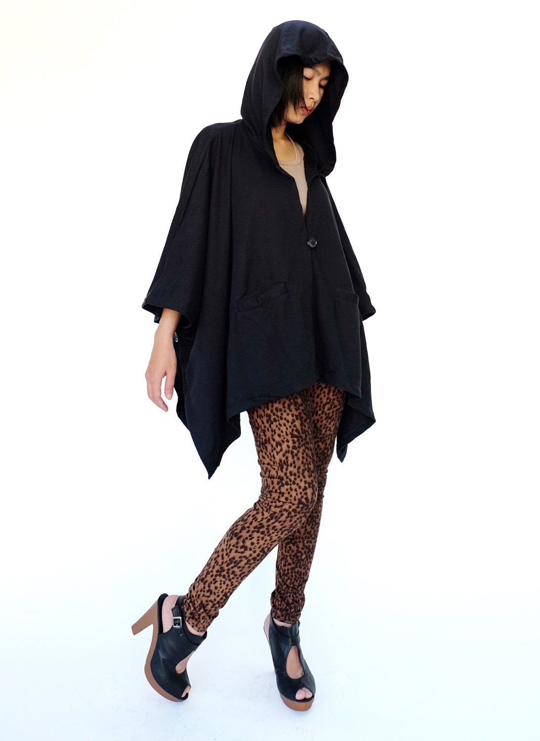 NO.163 Black CottonBlend Jersey Cover Me Hoodie Poncho