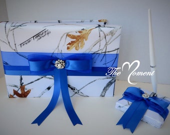 White Camo Guest Book and Pen Set, White Camo with Royal Blue guestbook, True Timber White Snowfall Wedding Guest Book, customize guestbook