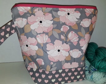 Large or Medium Size Magnolia Pink & White Blossoms, Pink Hearts, Spring Inspired WIP Tote Bag, Wedge Bag, Choice of Zipper or Drawstring