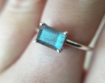 Emerald Cut Faceted Labradorite Ring in sterling silver - sterling silver labradorite ring - faceted labradorite ring - stacking ring