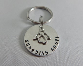 GUARDIAN ANGEL Hand Stamped Key Chain with Angel Charm - New Driver Gift - Guardian Angel Key Ring - Keychain - Sweet Sixteen - Be Safe