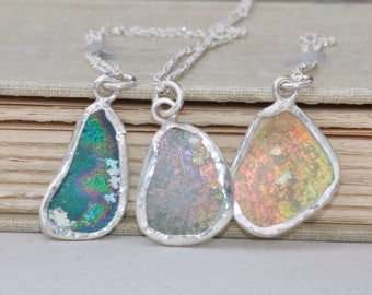 IRRIDESCENT Ancient Roman Glass Necklace,Choice Of Three,Sterling Silver Bezeled Glass Piece,Rainbow Patina,Pastel,Gift,Historical,OOAK