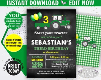 INSTANT DOWNLOAD / edit yourself now / Birthday Invitation / Tractor / Invite / Tractor Birthday / Green Yellow Farm Boy / Chalkboard / BDT9