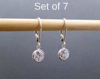 Bridesmaid Earrings, Set Of 7. Free Shipping. Sterling Silver CZ Leverback. Lever Back. Small Dangle Drop. Clear Crystal. 6 mm CZ