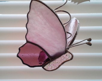 Stained Glass Butterfly Sun Catcher on Coiled Hanger- Mauve Pink/White