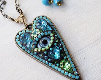 Mosaic Necklace - Evil Eye Necklace - Heart Mosaic Necklace - blue Green Mosaic Necklace - Evil Eye Heart - Mint Turquoise Mosaic Necklace