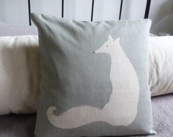 hand printed eau de nil sitting fox cushion cover