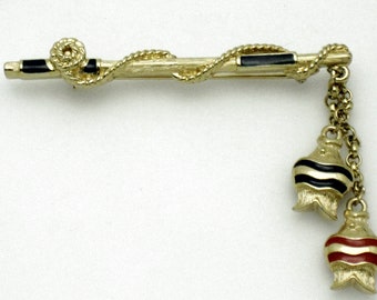 Vintage TRIFARI Gold Plated Enamel Figural Fishing Pole With Dangling Fish Brooch Pin
