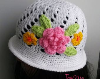 Spring Crochet baby girl Hat, baby shower Cloche baby hat, newborn hat, hat with pink flower