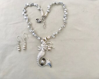 Mermaid Keishi Pearls Necklace Moobstone Earring Set