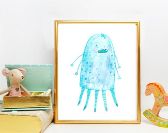 Printable monster Blue watercolor, laminated instant download