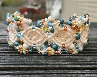 Micro-Macrame Cuff Bracelet. Modern Macrame. Beaded Cuff. Cream Cuff Bracelet. Macrame Cuff. Statement Jewelry. Boutique Fashion Piece.