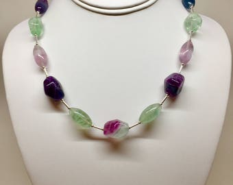 Rainbow fluorite necklace, rainbow fluorite jewelry, purple stone necklace, purple stone jewelry, green stone necklace, purple green jewelry