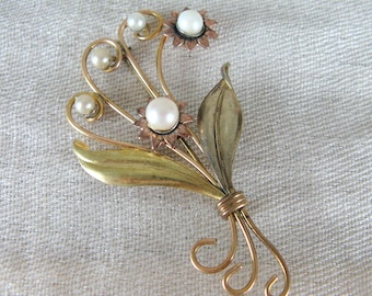 Vintage 1940s Floral Brooch with Pearls 40s Bouquet Brooch 1/20 12k GF