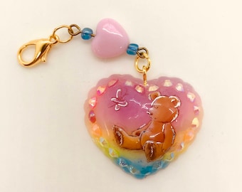 Rainbow Teddy Bear Heart Charm