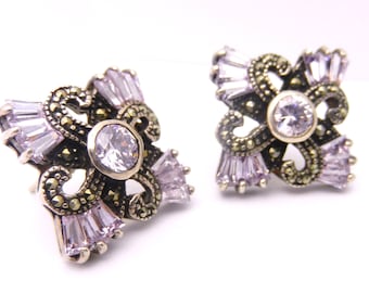 Designer Marcasite Amethyst & Sterling Silver Post Earrings - Deco Style