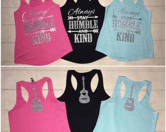 Always Stay Humble and Kind / Silver Metallic with Silver Glitter Accents / Country Girls Tank Top Racerback / Country Music Festival