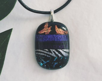 Dichroic glass pendant - Fused glass, Etched patterns, different shades of purple, peach & blue