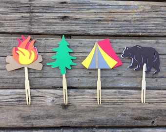 Camping Party Cupcake Toppers - Backyard Camp Out, Summer Party, First Birthday, Photo Prop