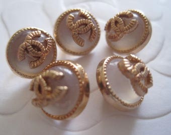 Lot of 5 CHANEL Pink Transparent/Gold Color Buttons ,10 mm
