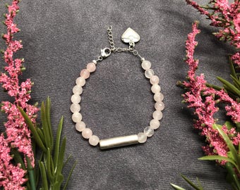 Rose Quartz Bracelet with Silver-Plated Tube Focal Bead and Heart Charm